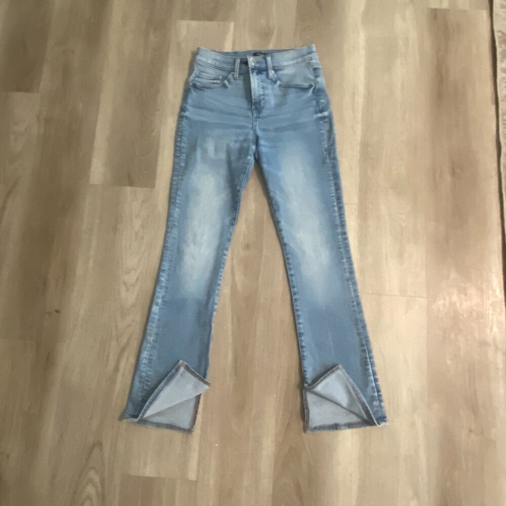 Express Mid Rise Flare Jeans Light Wash Size 4 Short Petite Vent Hem - Picture 3 of 11